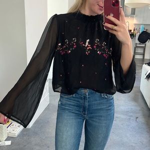 Urban Outfitters Kimchi Blue Black Floral Embroidered Bell Sleeve Crop Blouse